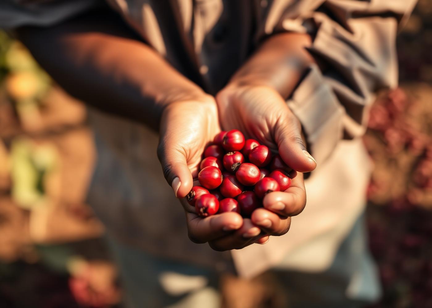 Coffee cherries in a farmer's hands